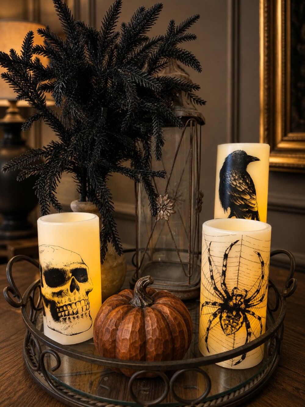Flameless Battery Operated Halloween Candles, 3 Pack, Spider, Skull, Raven